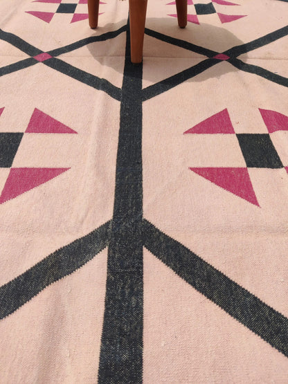 Blush Pink Geometric Navy Diamond Dhurrie rug