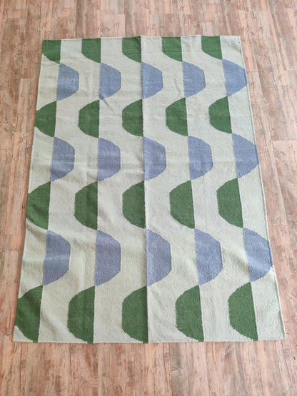 Sage Scallop Wave Modern Abstract Geometric Wool Cotton Dhurrie Rug