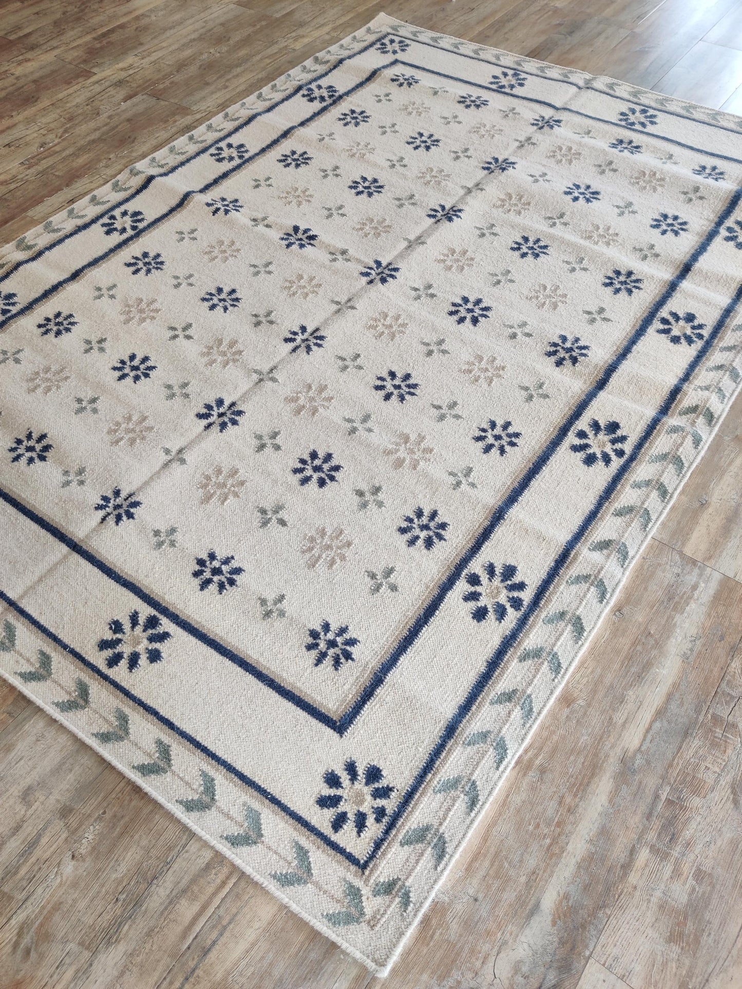 Handwoven French Country Blue & Cream Floral Wool Cotton Dhurrie Rug