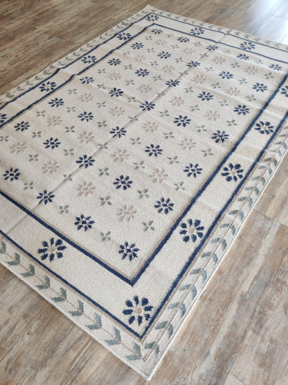 Handwoven French Country Blue & Cream Floral Wool Cotton Dhurrie Rug