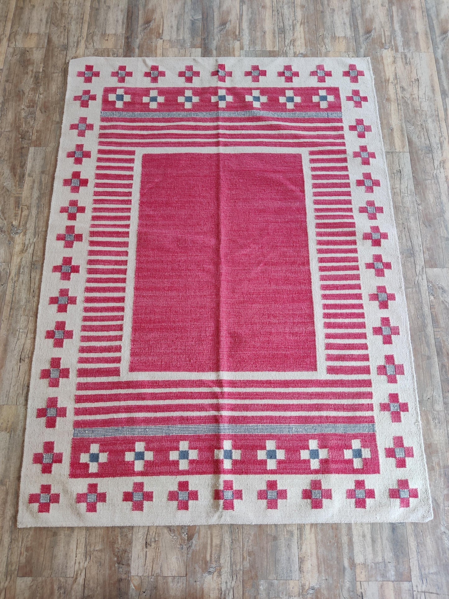 Crimson Nomad Border Magenta Pink & Cream Wool Cotton Dhurrie Rug