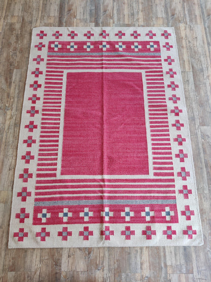 Crimson Nomad Border Magenta Pink & Cream Wool Cotton Dhurrie Rug