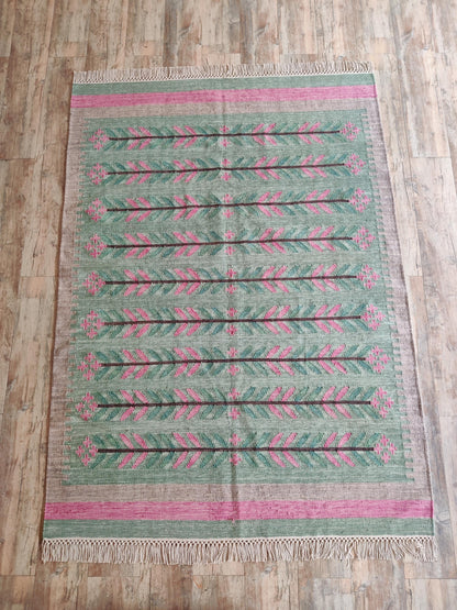 Sage Green Botanical Vine Area Rug, Pink & Tan Horizontal Leaf Motif Dhurrie Carpet