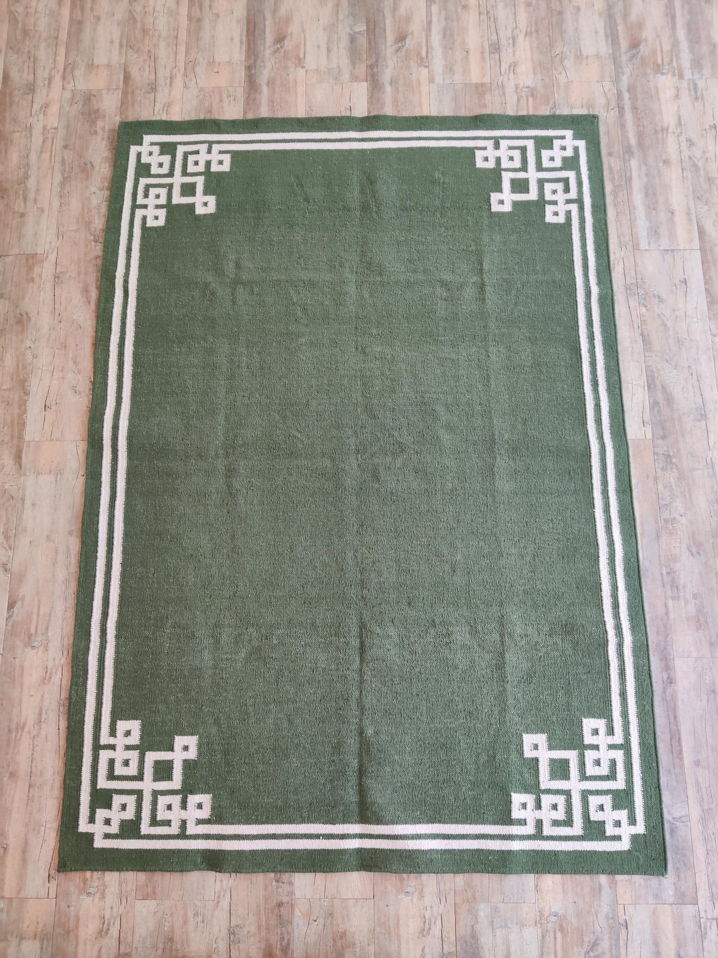 Moss Fretwork Handwoven Cotton Flatweave Dhurrie Rug