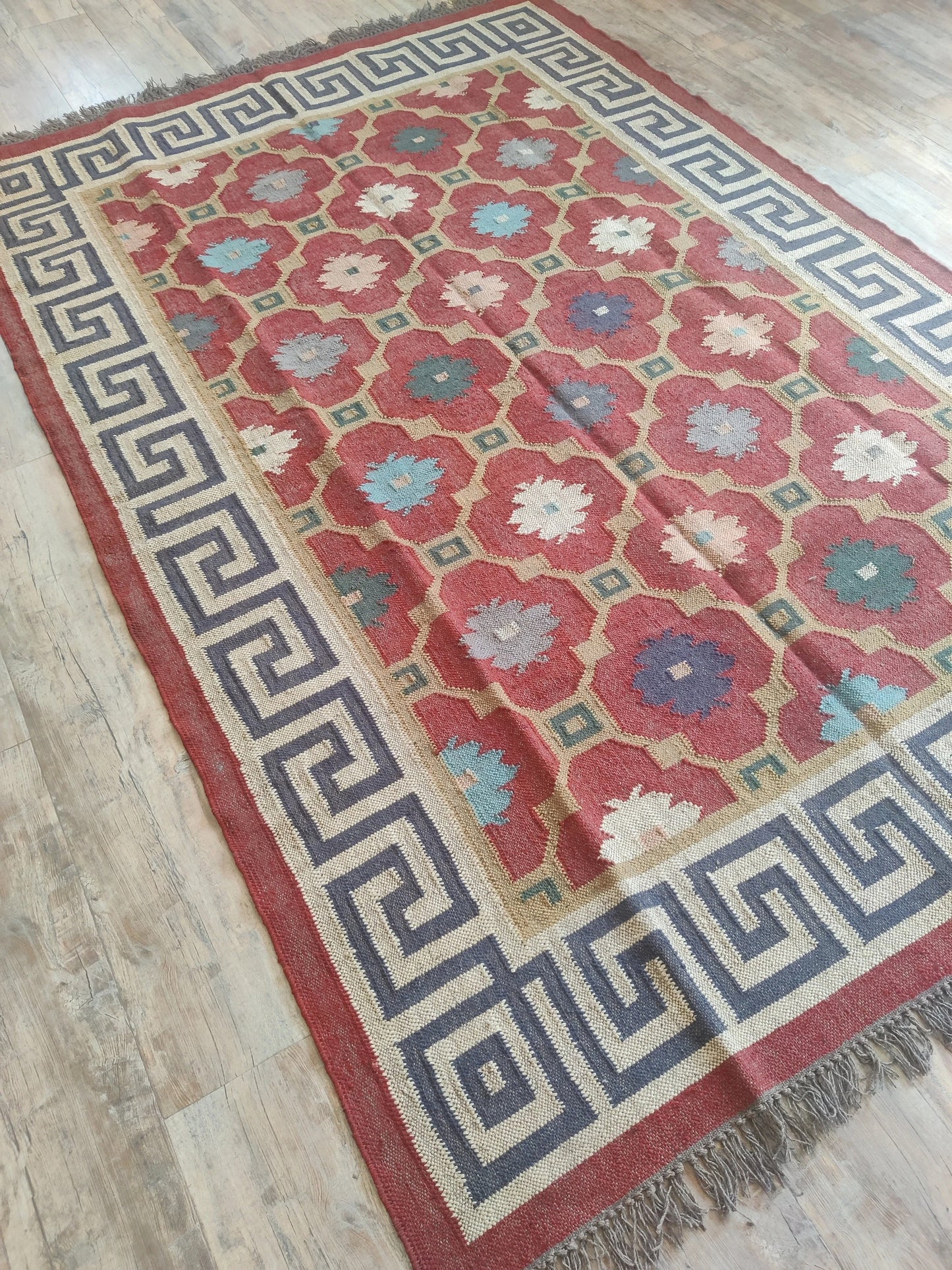 Hellenic Crimson Medallion Red Greek Key Border Kilim rug