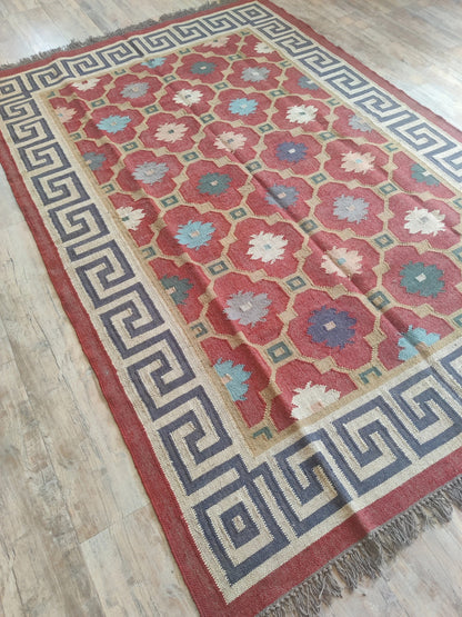 Hellenic Crimson Medallion Red Greek Key Border Kilim rug