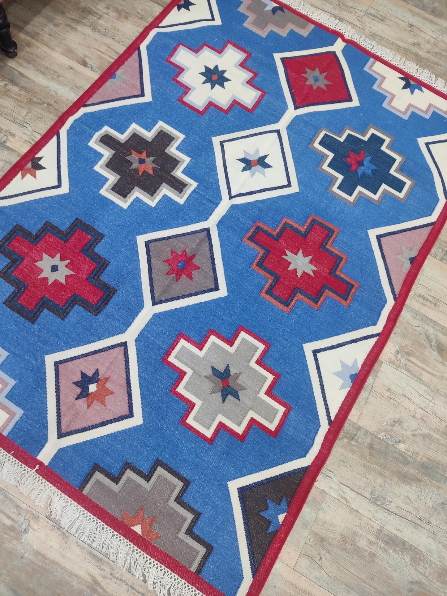 Taos Medallion Vibrant Blue Tribal Geometric Kilim Flatweave Rug