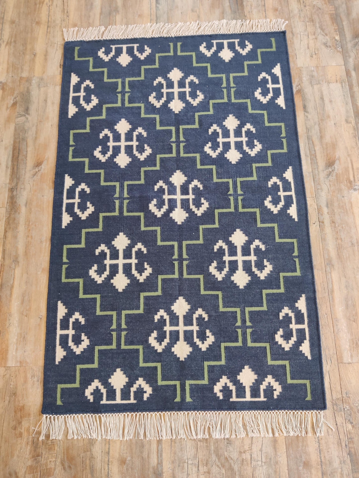 Indigo Cross Lattice Modern Navy Blue & Green Wool Cotton Dhurrie Rug