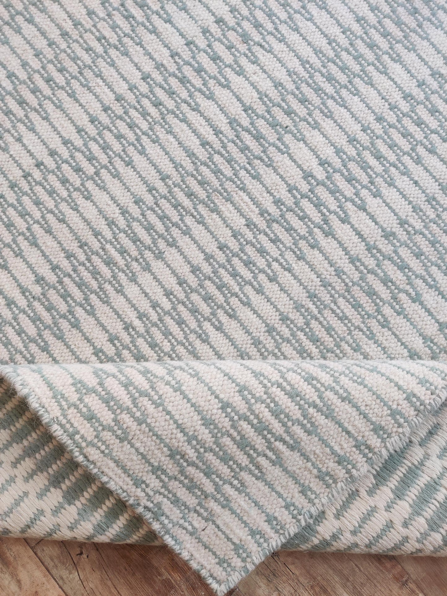 Modern Sage Green Geometric Pattern - Natural White & Aqua Handloom Carpet