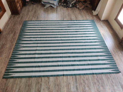 Sierra Stripe Deep Green and Ivory Minimalist Geometric Flatweave Area Rug
