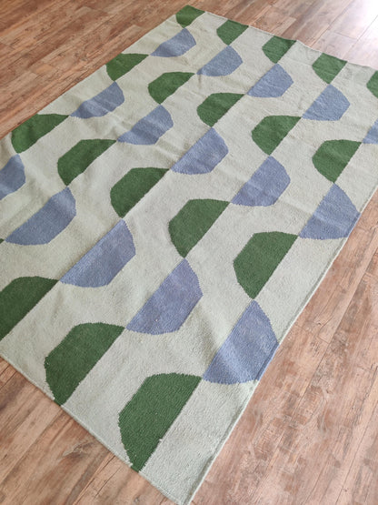 Sage Scallop Wave Modern Abstract Geometric Wool Cotton Dhurrie Rug