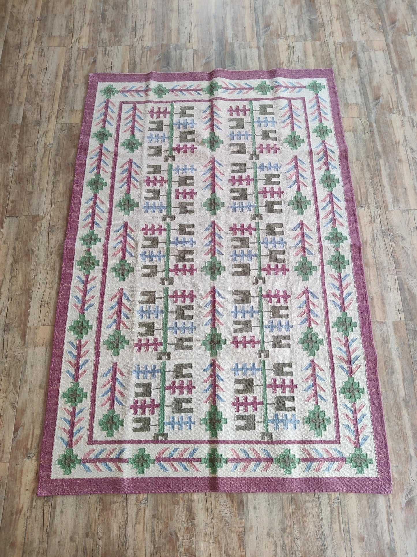 Heritage Berry Meadow Colorful Geometric Tree Motif Wool Cotton Dhurrie Rug