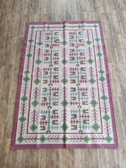 Heritage Berry Meadow Colorful Geometric Tree Motif Wool Cotton Dhurrie Rug