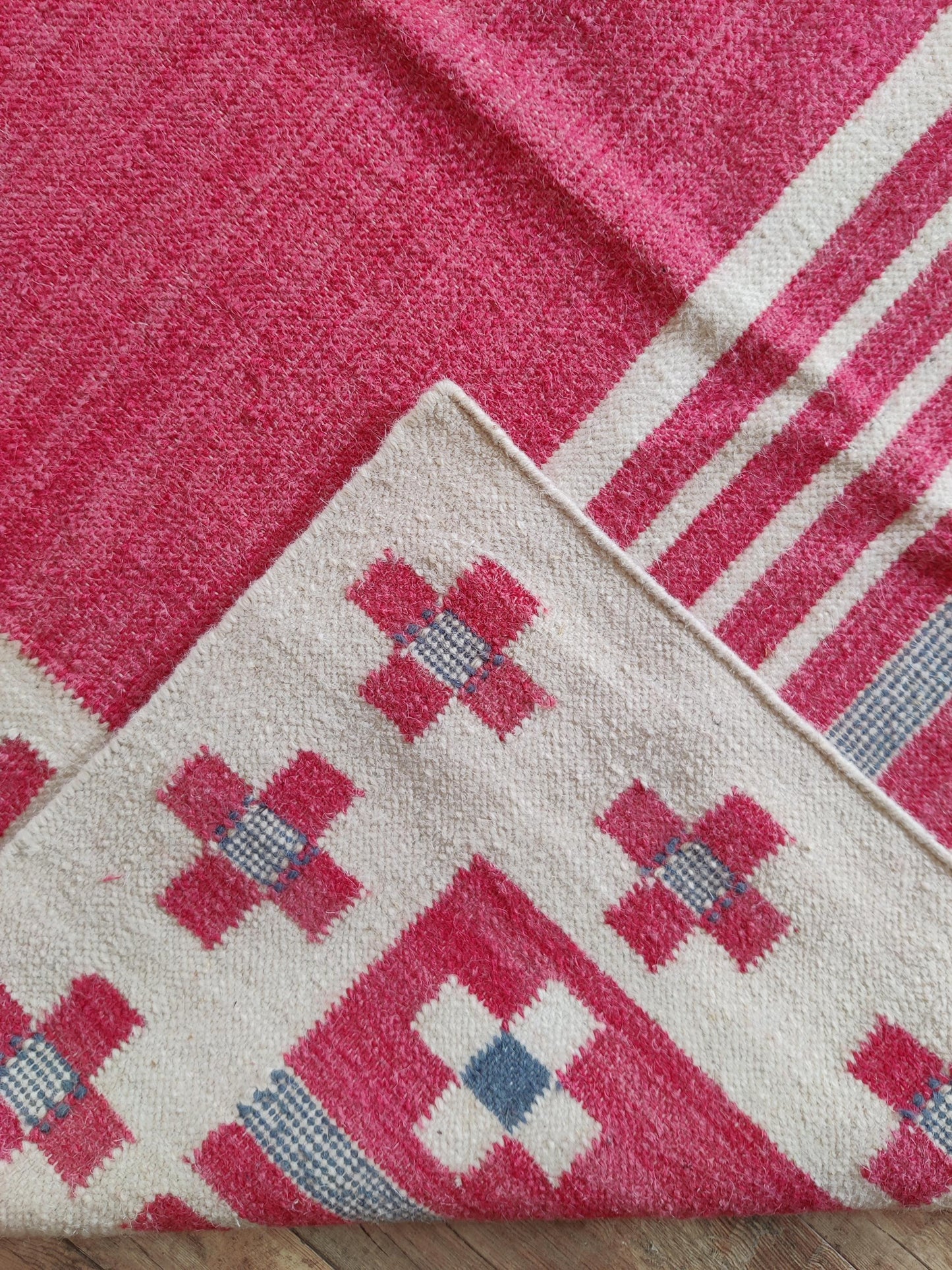 Crimson Nomad Border Magenta Pink & Cream Wool Cotton Dhurrie Rug