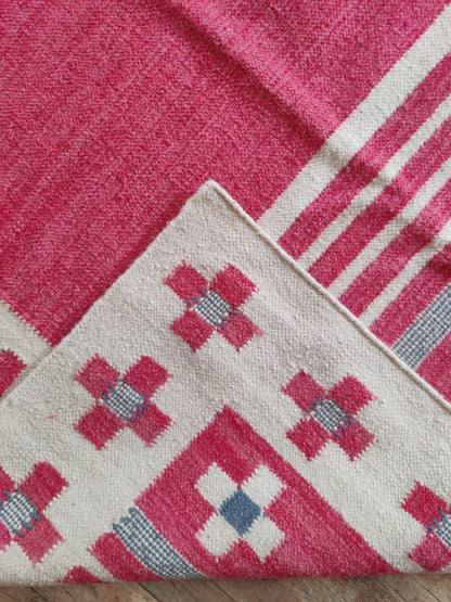 Crimson Nomad Border Magenta Pink & Cream Wool Cotton Dhurrie Rug