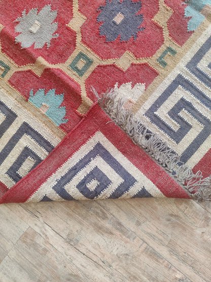 Hellenic Crimson Medallion Red Greek Key Border Kilim rug