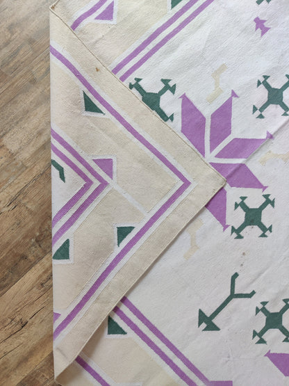 Lavender & Green Tribal Folk Motif Kilim - Traditional Star Pattern Dhurrie