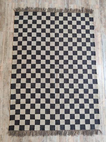 Charcoal Chessboard Hand-Woven Wool and Jute Rug
