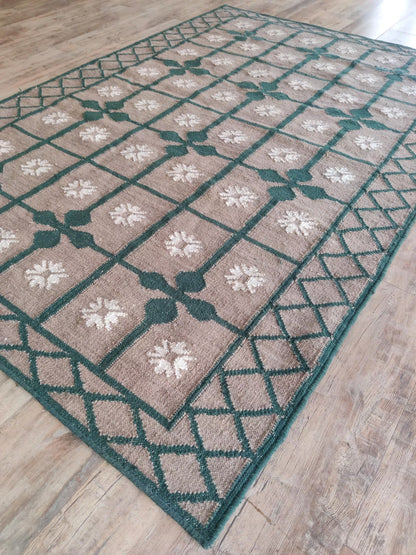 Handwoven Emerald Green Lattice Dhurrie Rug