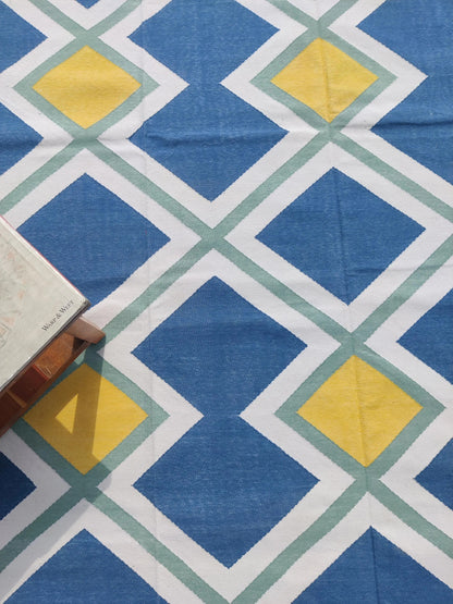 Modern Azure & Canary Yellow Geometric Cotton Flatweave Rug