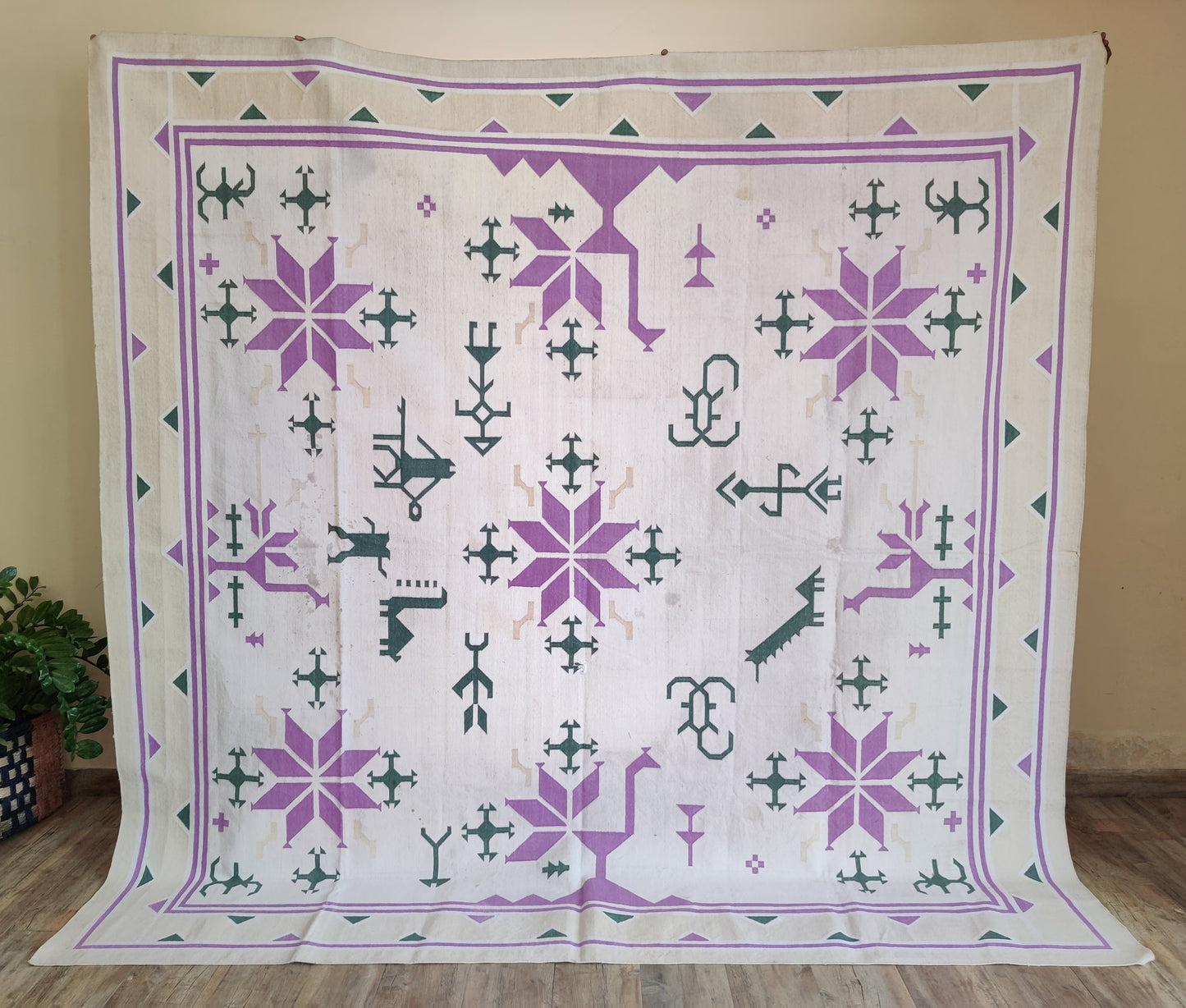 Lavender & Green Tribal Folk Motif Kilim - Traditional Star Pattern Dhurrie
