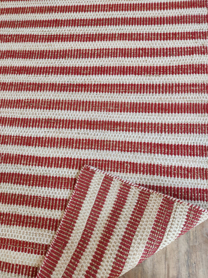 Linear Striped Pattern Dhurrie | Rust Red & Cream Artisan Home Decor