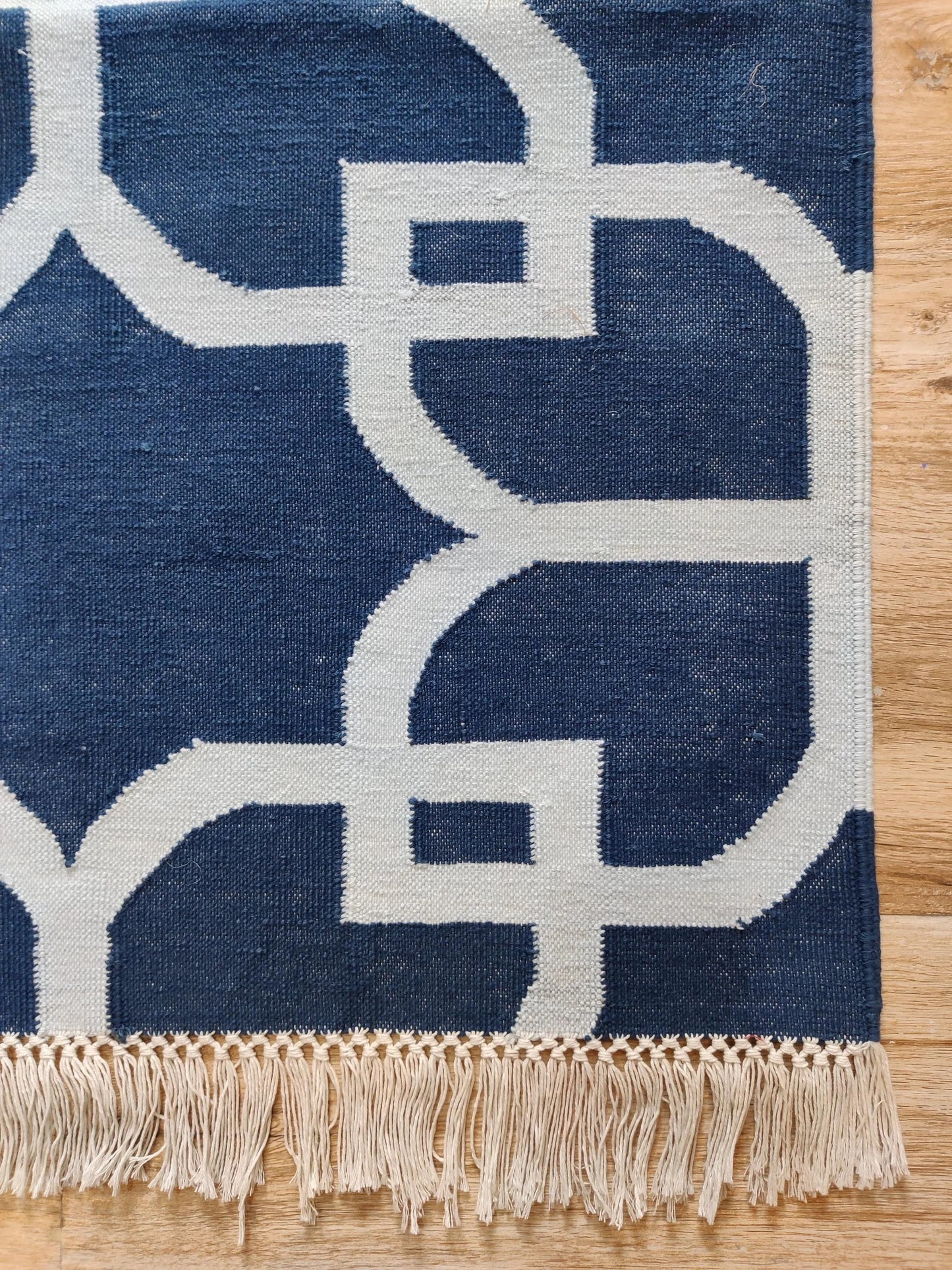 Nautical Navy Trellis Hand-Woven Petal Lattice Dhurrie