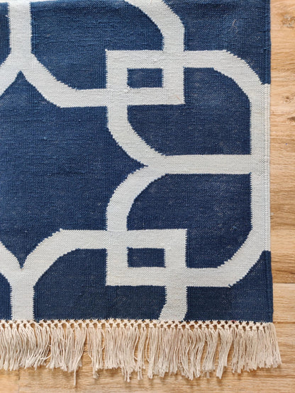Nautical Navy Trellis Hand-Woven Petal Lattice Dhurrie
