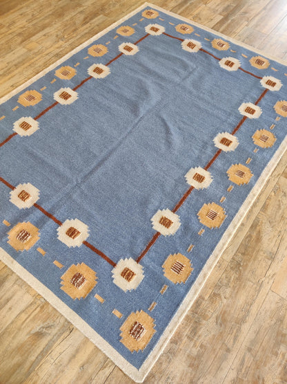 Cornflower Medallion Frame Tan Gold & Ivory Cotton Wool Dhurrie