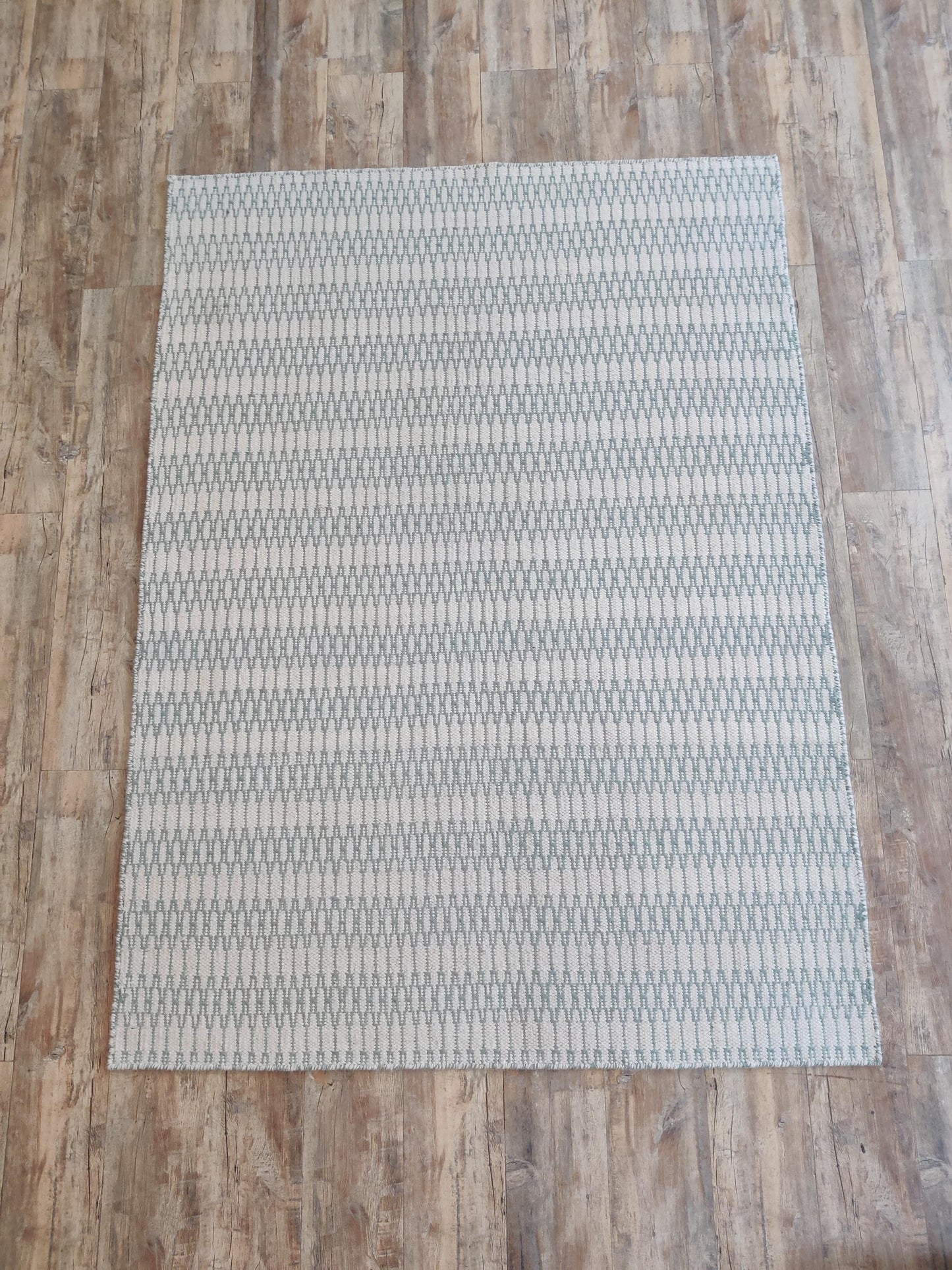 Modern Sage Green Geometric Pattern - Natural White & Aqua Handloom Carpet