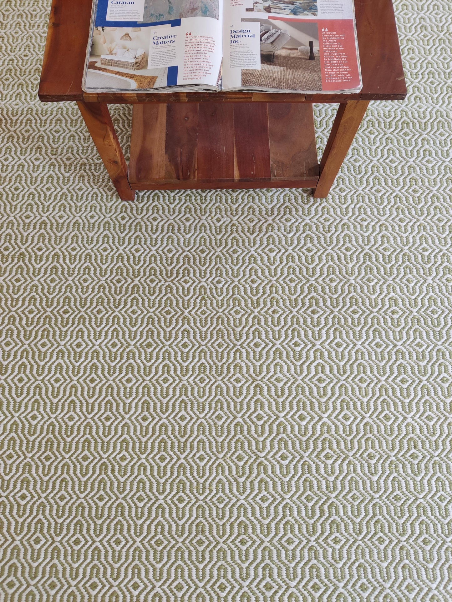 Olive Green Wool Rug Intricate Lattice Diamond Pattern