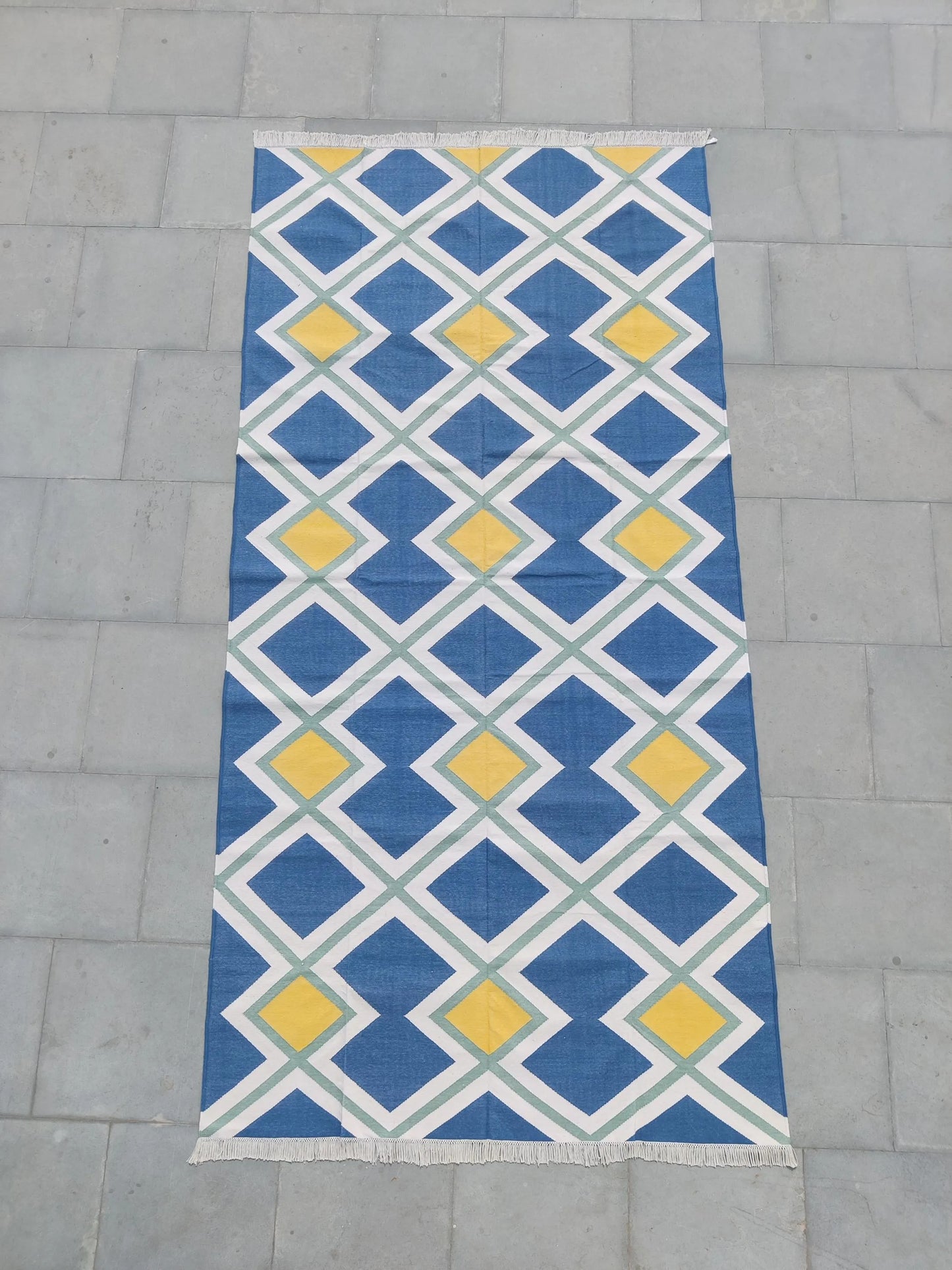 Modern Azure & Canary Yellow Geometric Cotton Flatweave Rug
