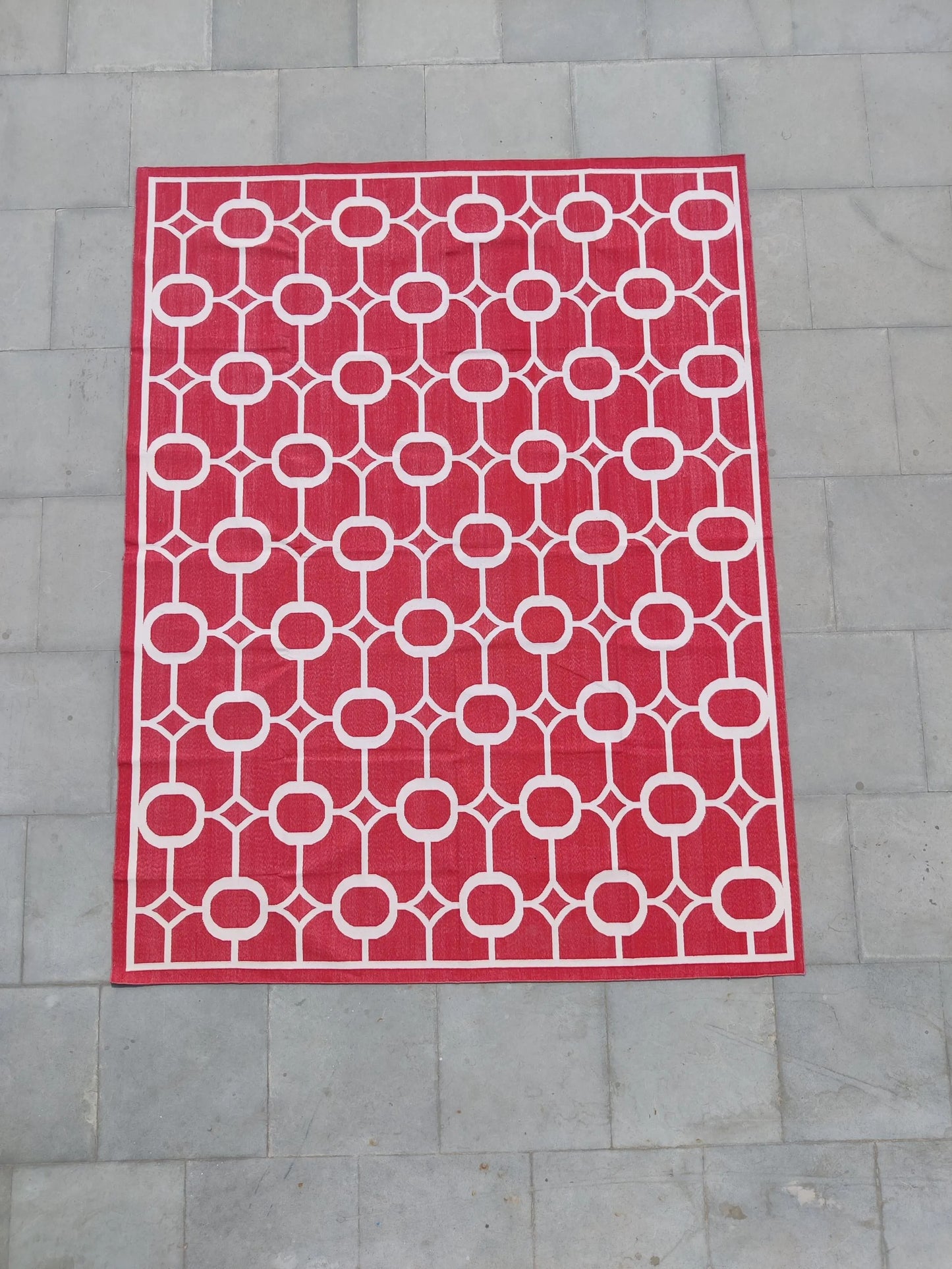 Modern Red Octagon Artisan Crafted Reversible Cotton rug