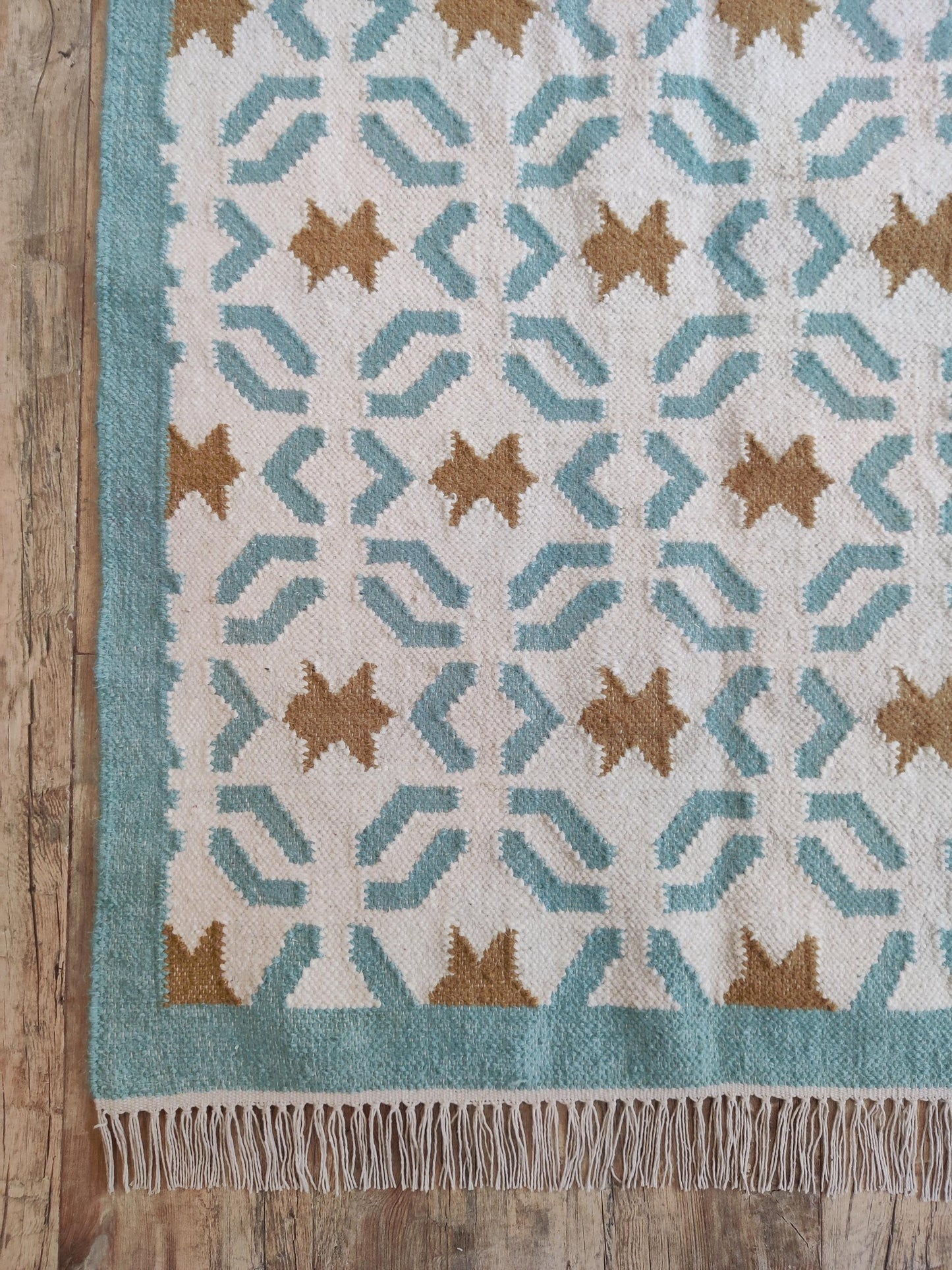 Teal Sunburst Trellis Aqua Mint Green, Ochre & Cream Cotton Wool Dhurrie