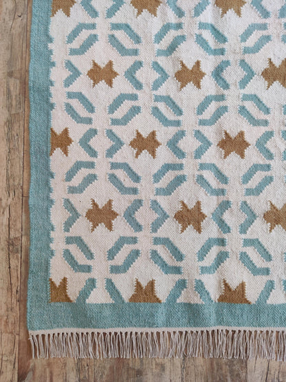 Teal Sunburst Trellis Aqua Mint Green, Ochre & Cream Cotton Wool Dhurrie