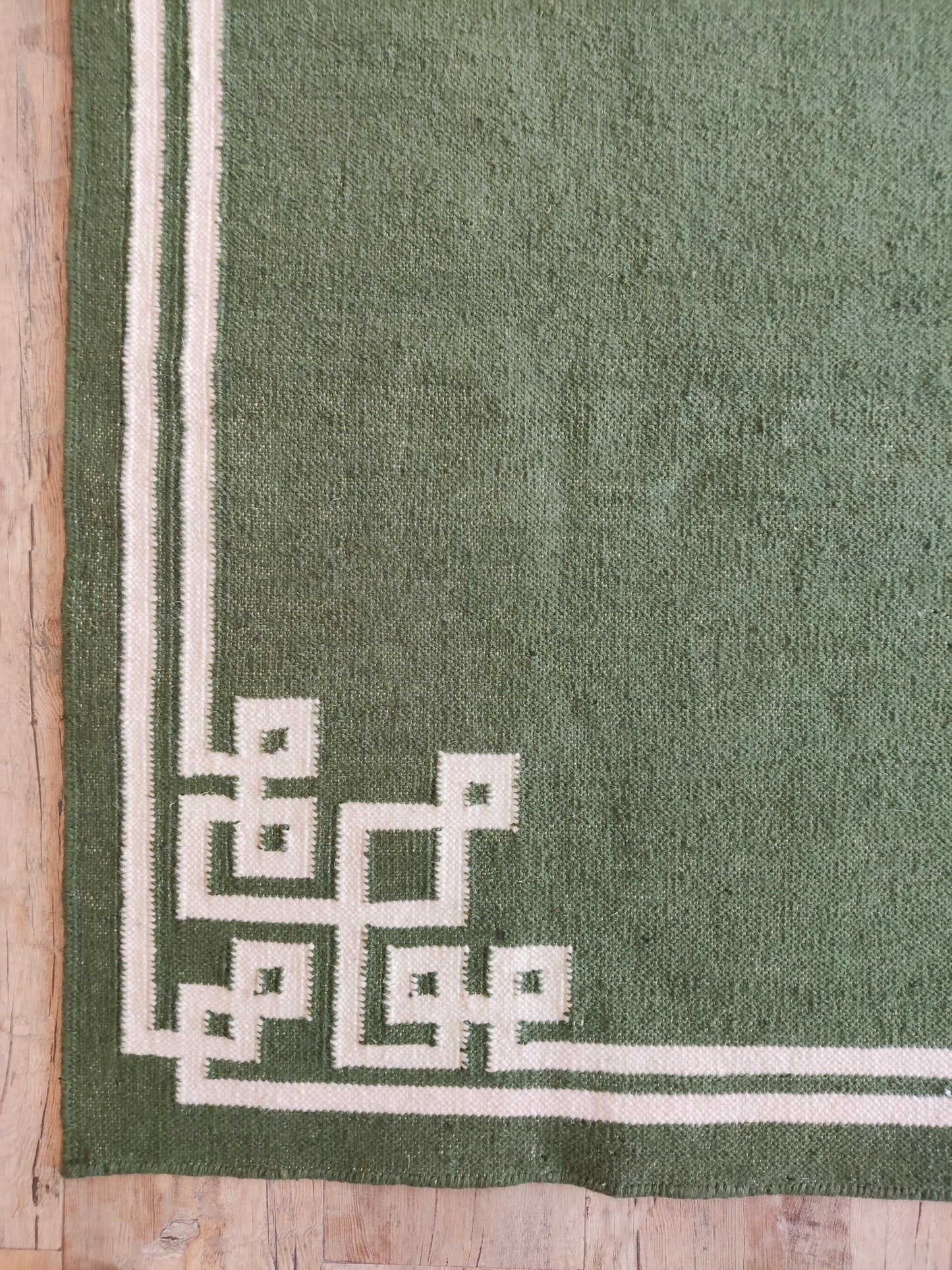 Moss Fretwork Handwoven Cotton Flatweave Dhurrie Rug