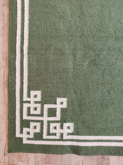 Moss Fretwork Handwoven Cotton Flatweave Dhurrie Rug