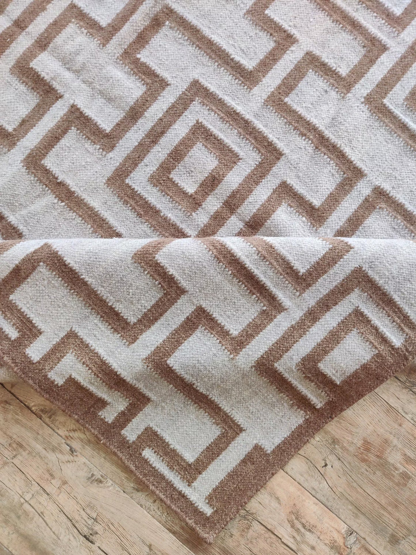 Camel Geometric Maze Modern Tan and Cream Greek Key Wool Cotton Dhurrie Rug