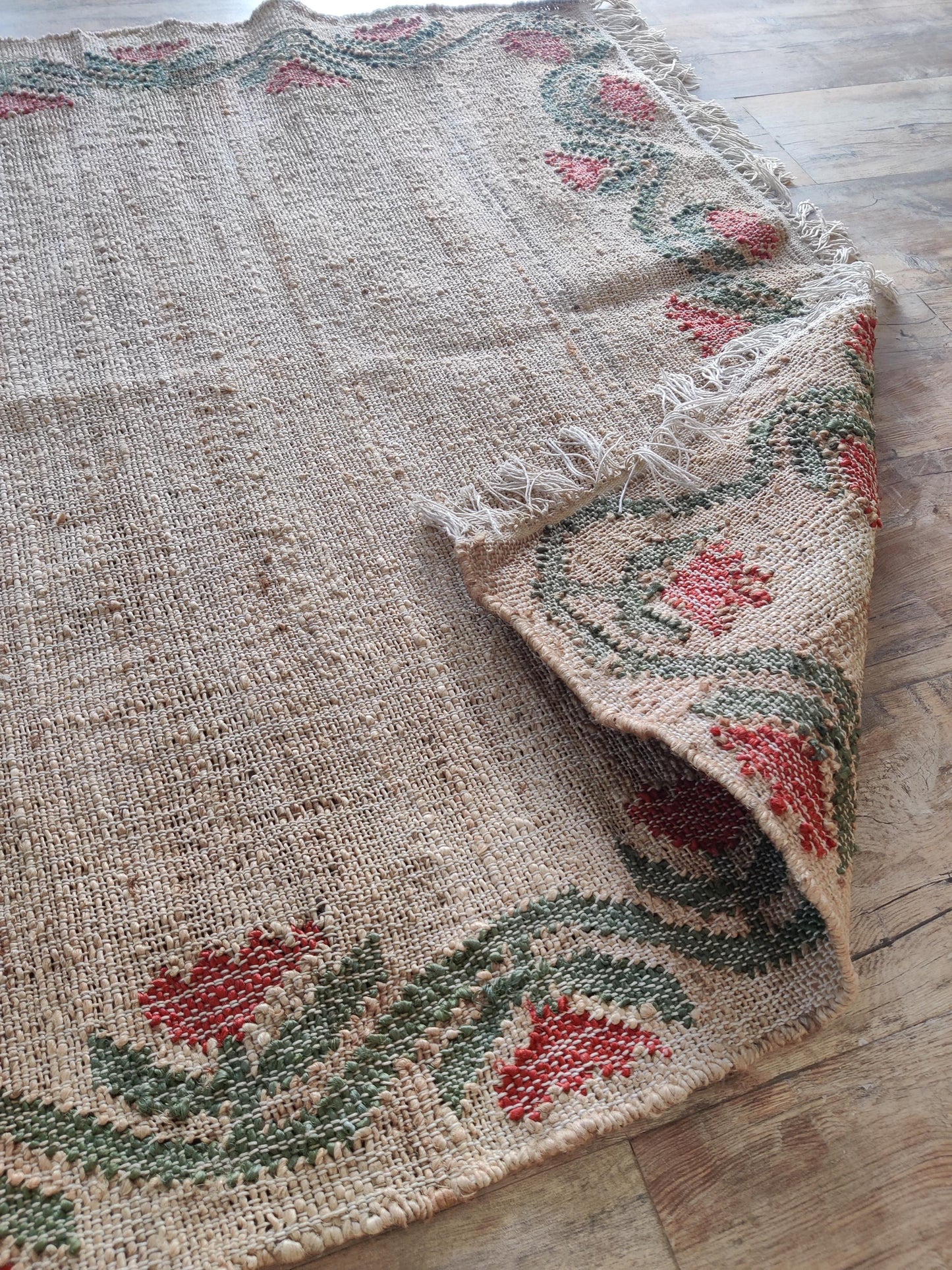 Rose Floral Border Cotton Jute Rug