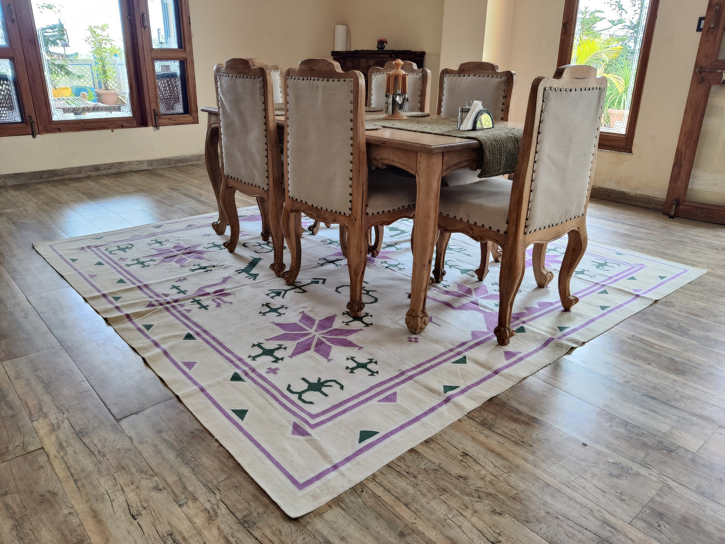 Lavender & Green Tribal Folk Motif Kilim - Traditional Star Pattern Dhurrie