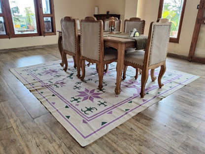 Lavender & Green Tribal Folk Motif Kilim - Traditional Star Pattern Dhurrie