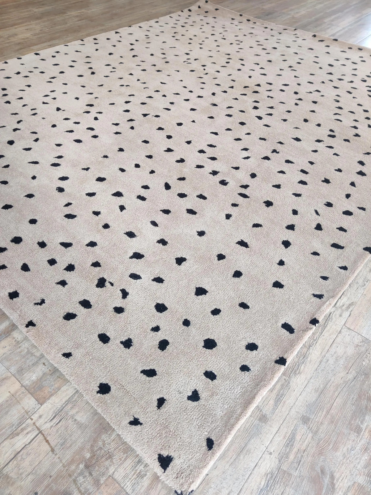 Oatmeal Beige & Black Minimalist Dot Carpet, Luxury Contemporary Wool Area Rug for Living Room