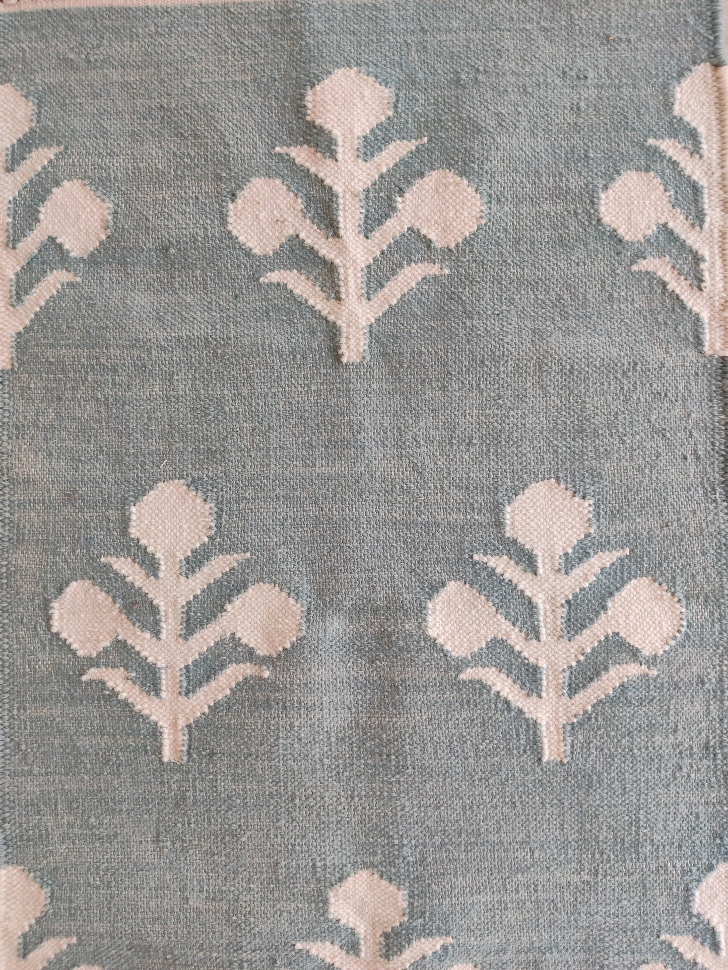 Serene Slate Tulips Modern Blue and Cream Botanical Wool Cotton Dhurrie Rug