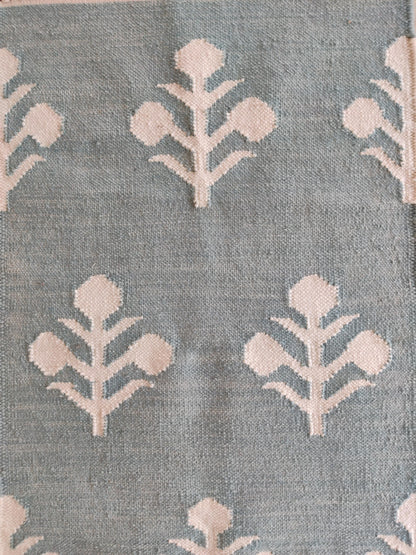 Serene Slate Tulips Modern Blue and Cream Botanical Wool Cotton Dhurrie Rug