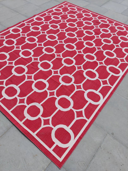 Modern Red Octagon Artisan Crafted Reversible Cotton rug