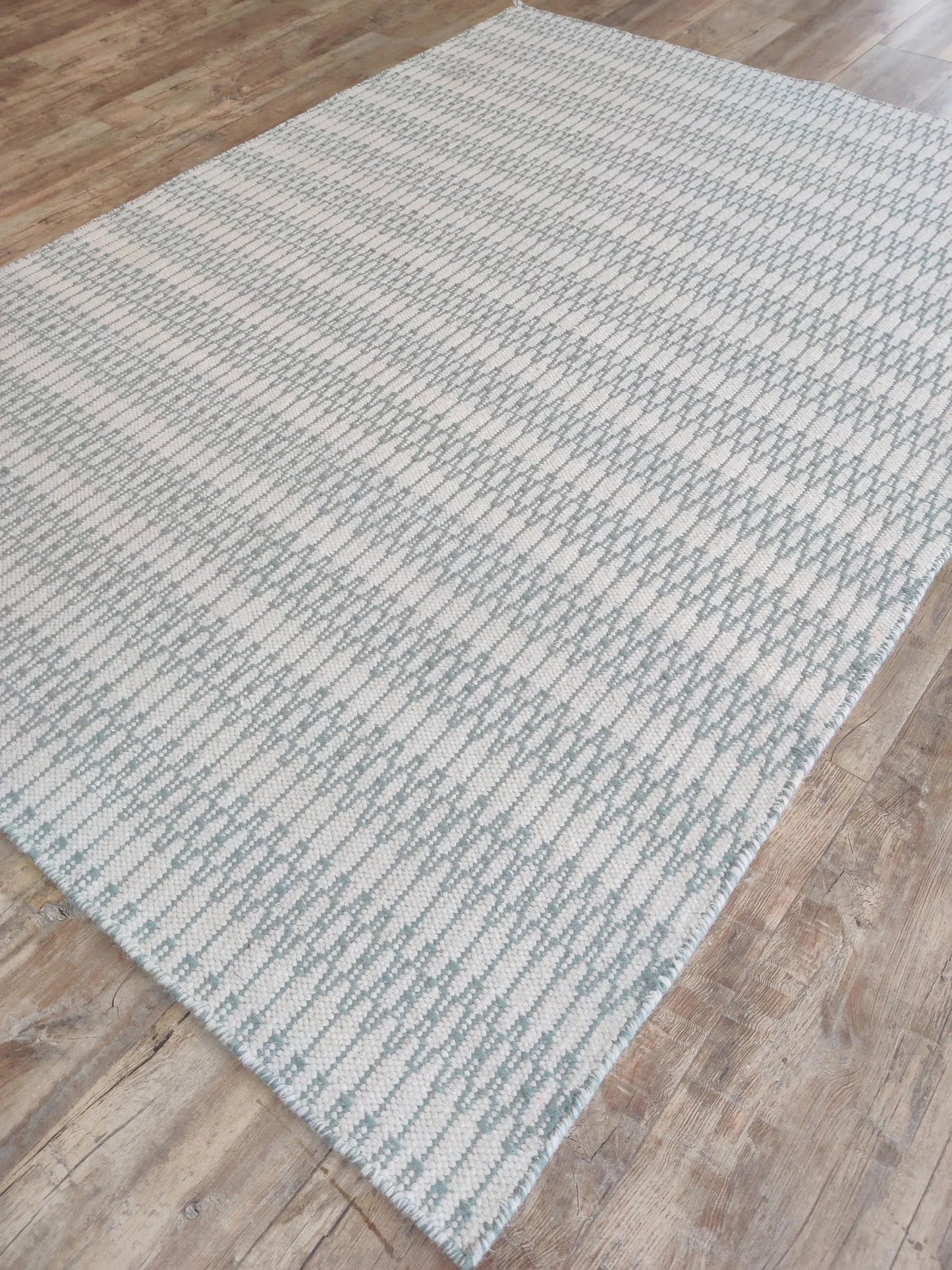 Modern Sage Green Geometric Pattern - Natural White & Aqua Handloom Carpet