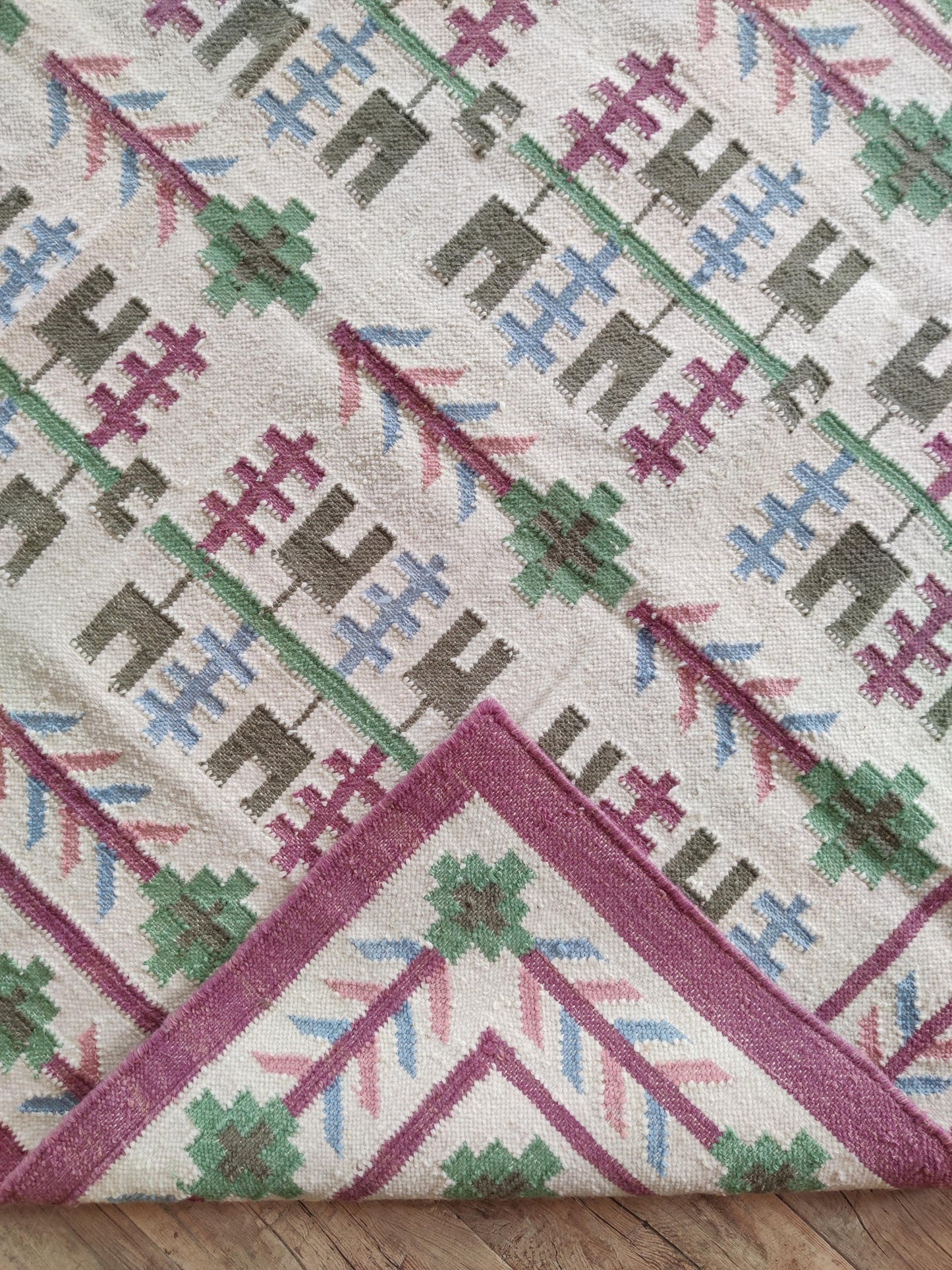Heritage Berry Meadow Colorful Geometric Tree Motif Wool Cotton Dhurrie Rug