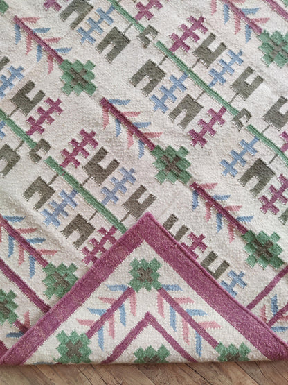 Heritage Berry Meadow Colorful Geometric Tree Motif Wool Cotton Dhurrie Rug