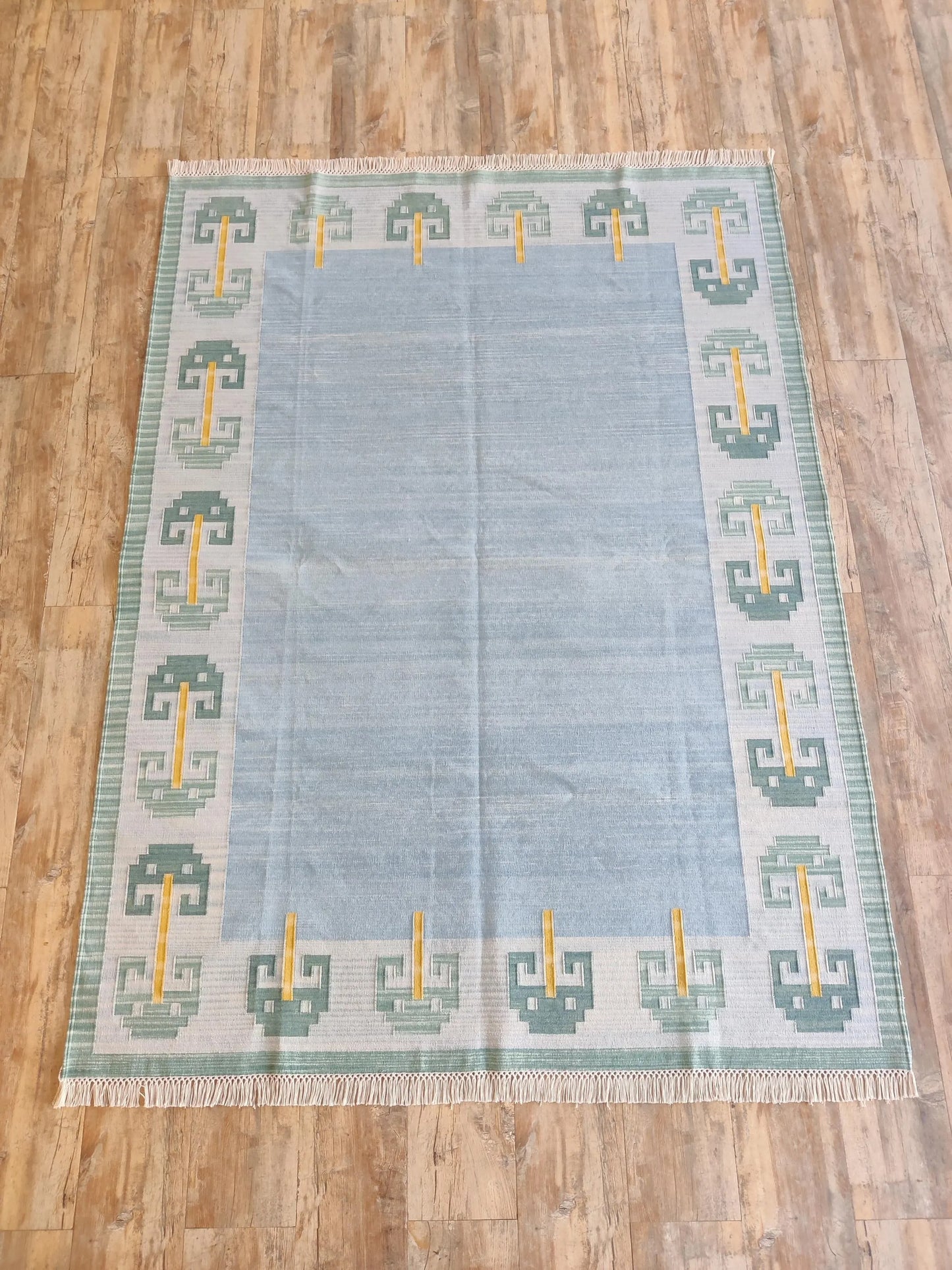 Pastel Blue Cotton Flatweave Rug Retro Modern Area Rug for Bedroom