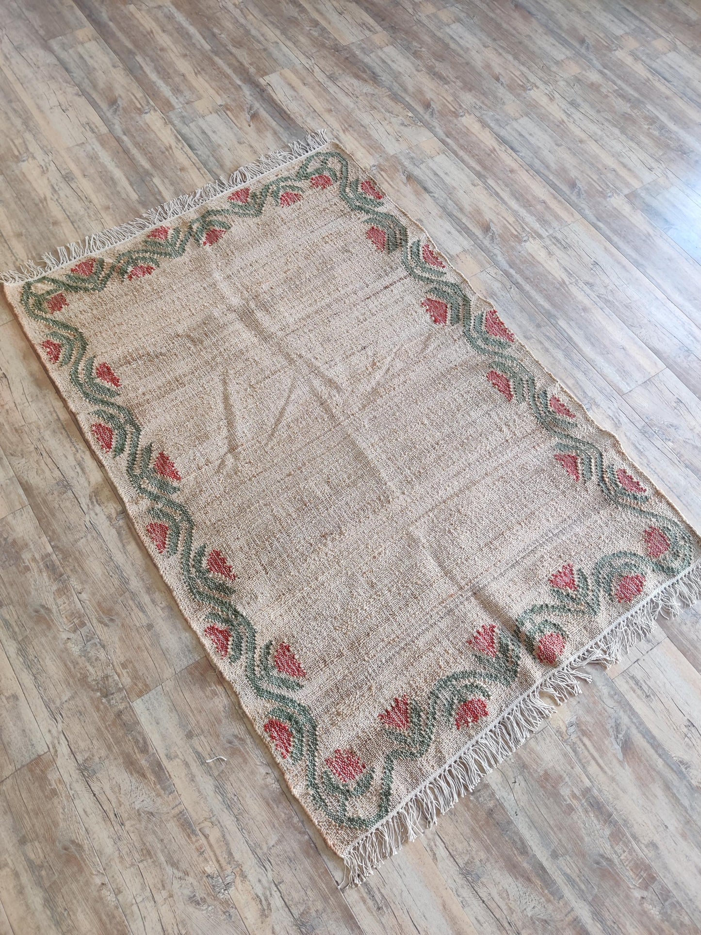 Rose Floral Border Cotton Jute Rug